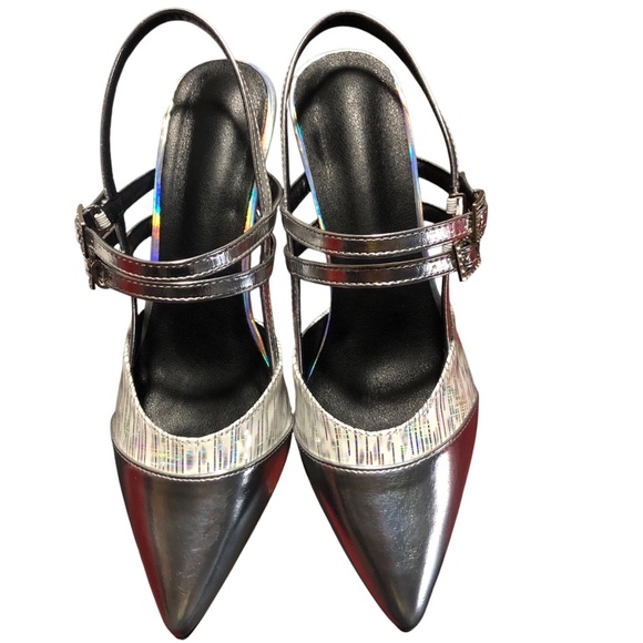 WOMEN SILVER Sling Back Heels,Adjustable Double Buckle Closure,Size 9 Pointed - Picture 5 of 7